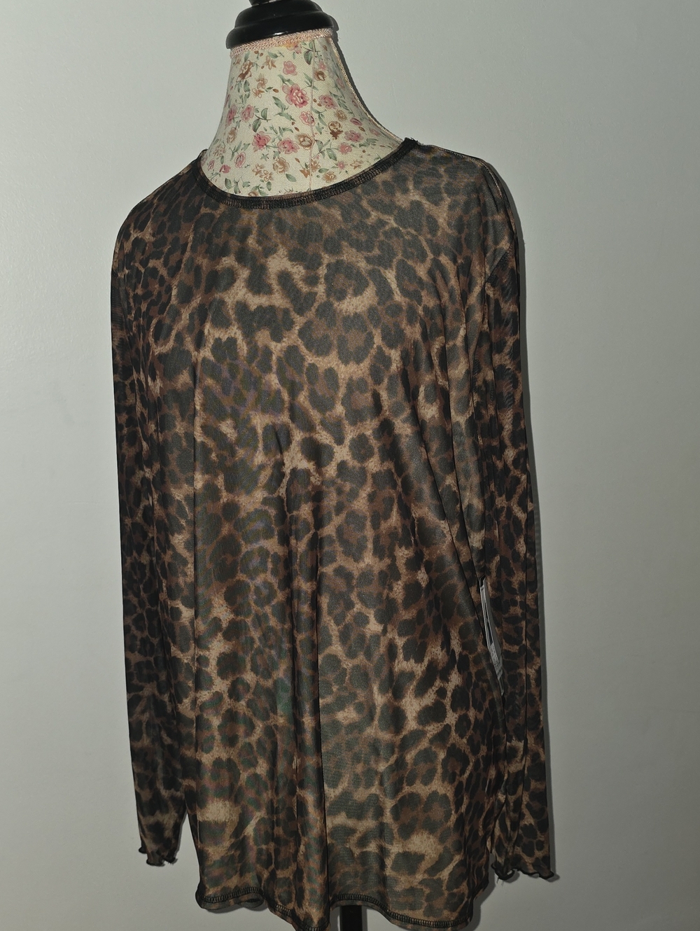 Sheer Leopard Print Long Sleeve Top - Brown & Black